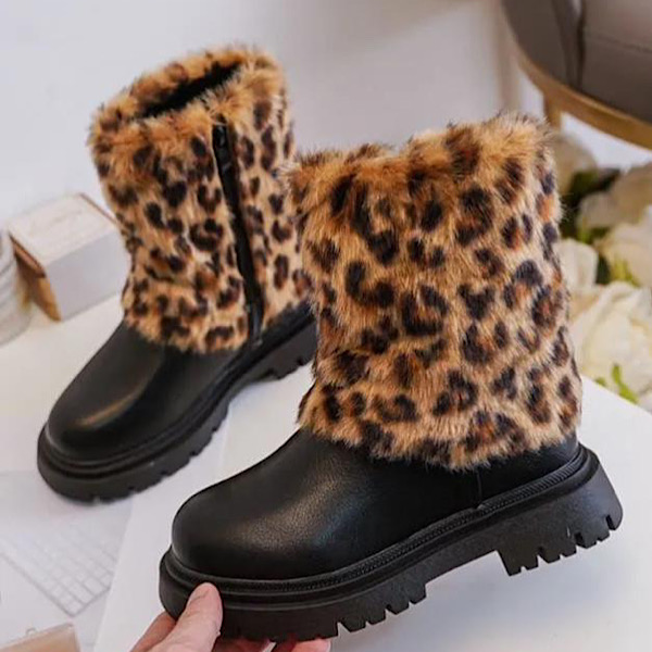 Kids Black Cheetah Fur Look Boots 25 30 EU Size